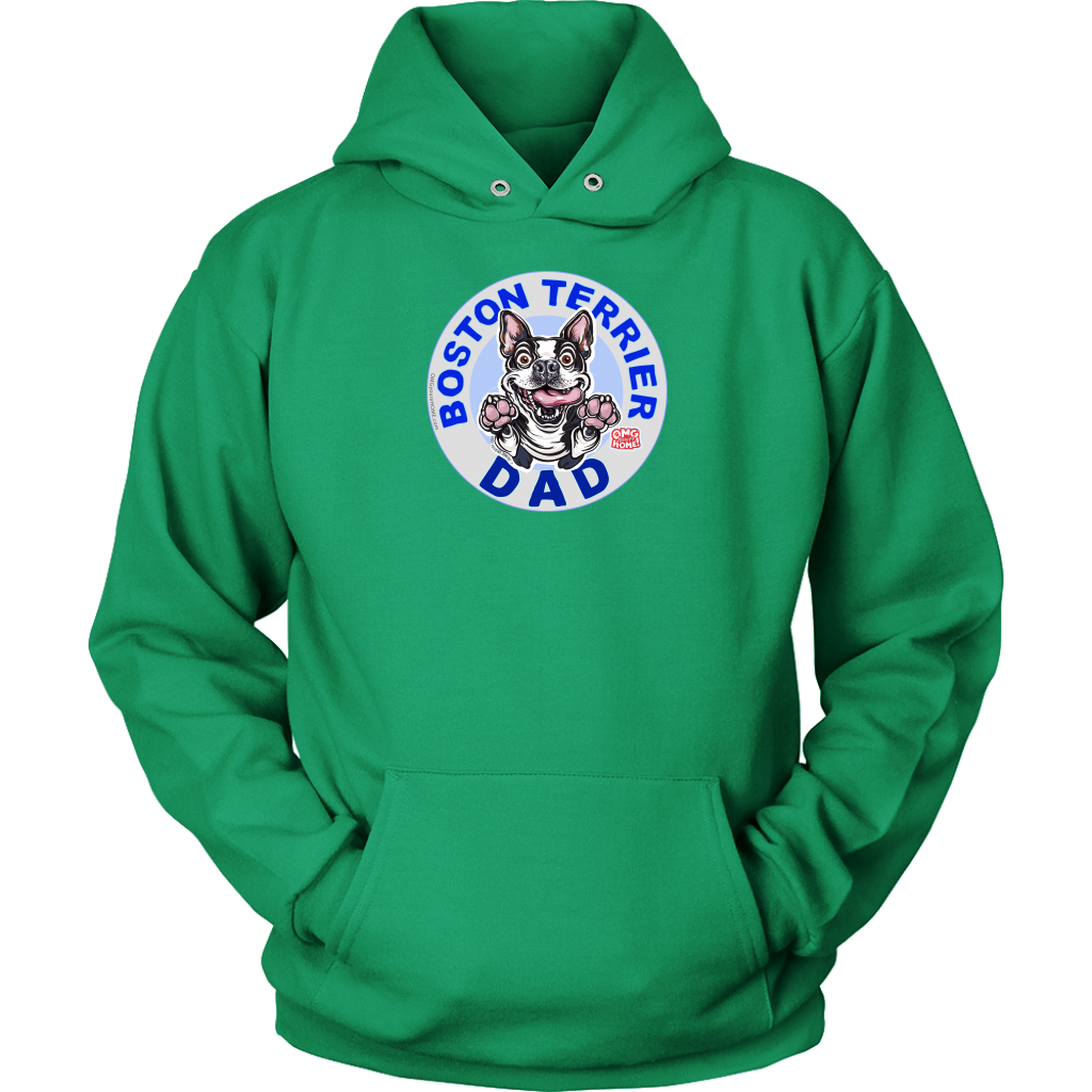 Boston Terrier dog dad design on a green hoodie