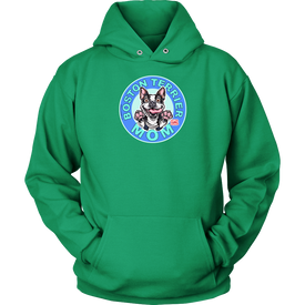 front view of a lime green hoodie featuring the OMG Boston Terrier dog mom design in full color