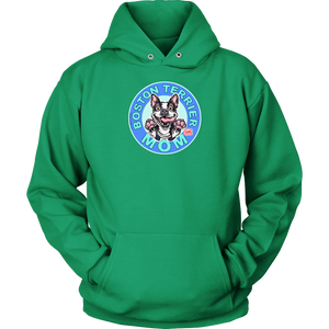 front view of a lime green hoodie featuring the OMG Boston Terrier dog mom design in full color