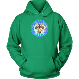 A light green hoodie with the golden retriever mom design by OMG You're Home! on the front