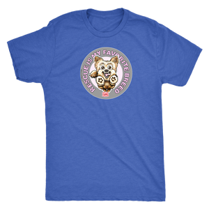 Rescue is my favorite breed on a men's vintage blue t-shirt featuring the Yorkie