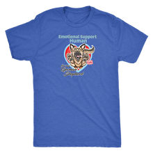 Load image into Gallery viewer, A men&#39;s blue triblend shirt by Next Level featuring the original German Shepherd dog artwork by OMG You&#39;re HOME! This design has the text &quot;Emotional Support Human&quot; above the German Shepherd. 