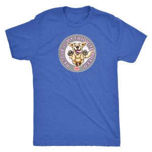 a men's royal blue t-shirt featuring the original Golden Retriever dog artwork by OMG You're Home! This collection is dedicated to those of us who love and support rescues.