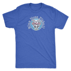 A royal blue Next Level Mens Triblend T-shirt for dog lovers featuring the OMG You're Home! Blue Nose Pitbull in full color on the front.