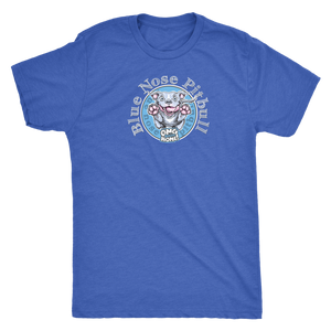 A royal blue Next Level Mens Triblend T-shirt for dog lovers featuring the OMG You're Home! Blue Nose Pitbull in full color on the front.