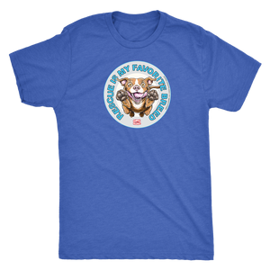 front view of a mens royal blue Triblend t-shirt by Next Level featuring the original Red Nose Pitbull artwork by OMG You're Home! Part of the "Rescue is my favorite breed" collection.