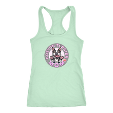 Load image into Gallery viewer, A soft mint green Next Level Racerback Tank featuring the OMG You&#39;re Home Boston Terrier Dog Mom design on the front in full vibrant color. 