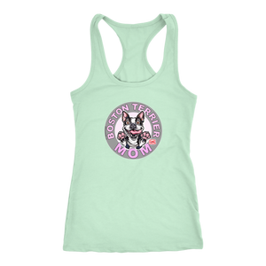 A soft mint green Next Level Racerback Tank featuring the OMG You're Home Boston Terrier Dog Mom design on the front in full vibrant color. 