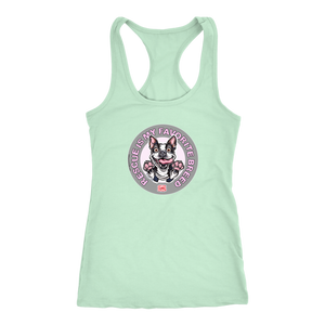 A soft green Next Level Racerback Tank featuring the OMG You're Home! Boston Terrier design with "Rescue is my favorite breed"