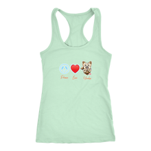 Load image into Gallery viewer, Light green Next Level Racerback Tank featuring the Peace Love Yorkie dog design from OMG You&#39;re HOME!