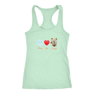 Light green Next Level Racerback Tank featuring the Peace Love Yorkie dog design from OMG You're HOME!