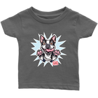 front view of a toddler's grey OMG You're Home t-shirt with the Boston Terrier dog design  in full color