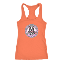 Load image into Gallery viewer, A soft orange Next Level Racerback Tank featuring the OMG You&#39;re Home Boston Terrier Dog Mom design on the front in full vibrant color. 