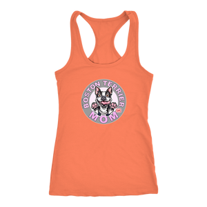 A soft orange Next Level Racerback Tank featuring the OMG You're Home Boston Terrier Dog Mom design on the front in full vibrant color. 