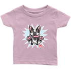 front view of a toddler's pink OMG You're Home t-shirt with the Boston Terrier dog design  in full color