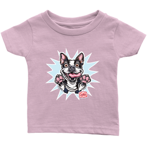 front view of a toddler's pink OMG You're Home t-shirt with the Boston Terrier dog design  in full color