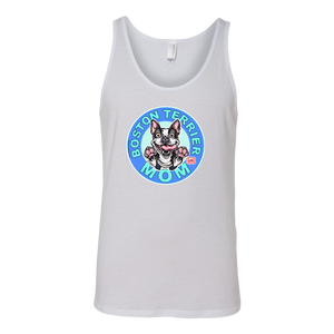 a white tank top with the OMG You're Home! Boston Terrier dog Mom design on the front 