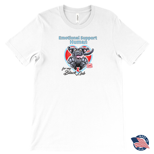 a white Canvas brand made in the U.S.A. Mens T-Shirt for dog lovers featuring the Black Labrador Retriever in the Emotional Support Human collection