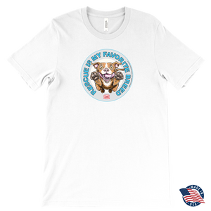 Front view of a mens white T-Shirt by Canvas featuring the original Red Nose Pitbull artwork by OMG You're Home! Part of the "Rescue is my favorite breed" collection.