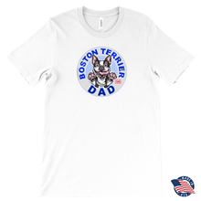 Load image into Gallery viewer, a men&#39;s white tee featuring the original Boston Terrier dog dad design on the front by OMG You&#39;re Home! Shirt made in the USA