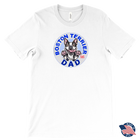 a men's white tee featuring the original Boston Terrier dog dad design on the front by OMG You're Home! Shirt made in the USA