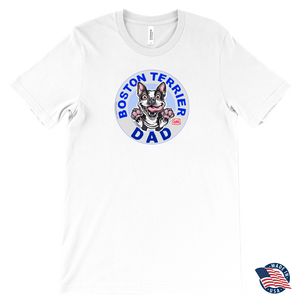 a men's white tee featuring the original Boston Terrier dog dad design on the front by OMG You're Home! Shirt made in the USA