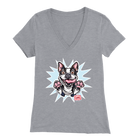 a womens v-neck shirt with the Boston Terrier dog design by OMG You're Home! on the front