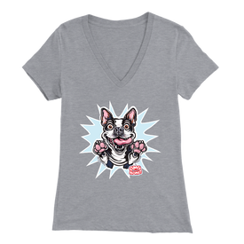 a womens v-neck shirt with the Boston Terrier dog design by OMG You're Home! on the front