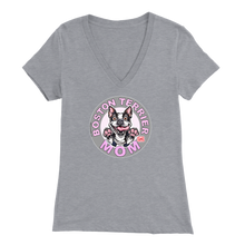 Load image into Gallery viewer, a woman&#39;s light grey v-neck shirt with the OMG You&#39;re Home! Boston Terrier dog Mom design on the front