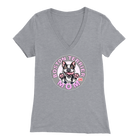 a woman's light grey v-neck shirt with the OMG You're Home! Boston Terrier dog Mom design on the front