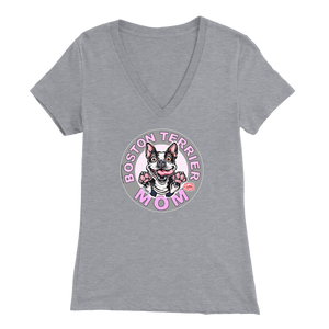 a woman's light grey v-neck shirt with the OMG You're Home! Boston Terrier dog Mom design on the front