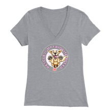 Load image into Gallery viewer, a womens light grey v-neck shirt featuring the original Golden Retriever dog artwork by OMG You&#39;re Home!