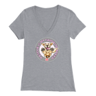 a womens light grey v-neck shirt featuring the original Golden Retriever dog artwork by OMG You're Home!