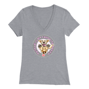 a womens light grey v-neck shirt featuring the original Golden Retriever dog artwork by OMG You're Home!