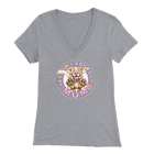 a women's heather grey v-neck shirt with the OMG You're Home! Yellow Labrador dog mom design on the front