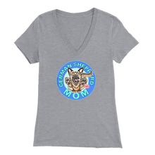 Load image into Gallery viewer, a women&#39;s heather grey v neck shirt with the OMG You&#39;re Home! German Shepherd dog mom design on the front