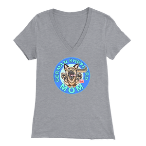 a women's heather grey v neck shirt with the OMG You're Home! German Shepherd dog mom design on the front