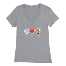 Load image into Gallery viewer, Light grey Bella Womens V-Neck Shirt featuring the Peace Love Yorkie dog design from OMG You&#39;re HOME!