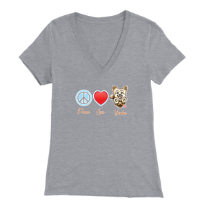 Light grey Bella Womens V-Neck Shirt featuring the Peace Love Yorkie dog design from OMG You're HOME!