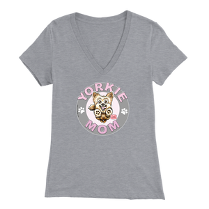 a women's light grey v-neck shirt with the OMG You're Home! Yorkie dog mom design on the front