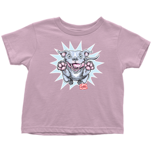 a toddler's pink t-shirt with the Blue Nose Pit Bull design by OMG You're Home on the front in full vibrant color