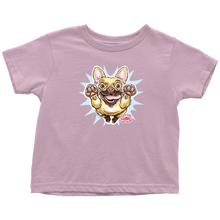 Load image into Gallery viewer, a toddler&#39;s pink t-shirt with the original OMG You&#39;re Home Fawn Frenchie dog design on the front in full color