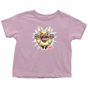 a toddler's pink t-shirt with the original OMG You're Home Fawn Frenchie dog design on the front in full color