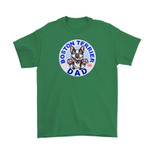 Load image into Gallery viewer, a men&#39;s green t-shirt featuring the Boston Terrier dog dad design on the front