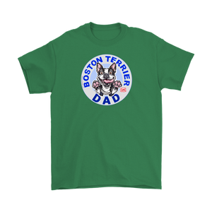 a men's green t-shirt featuring the Boston Terrier dog dad design on the front