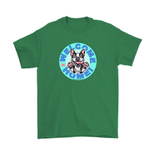 Load image into Gallery viewer, Front view of a lime green Gildan t-shirt with the OMG Boston Terrier dog design with Welcome Home! on the front center  in full color