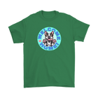 Front view of a lime green Gildan t-shirt with the OMG Boston Terrier dog design with Welcome Home! on the front center  in full color
