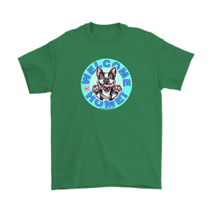 Front view of a lime green Gildan t-shirt with the OMG Boston Terrier dog design with Welcome Home! on the front center  in full color