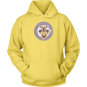 a yellow unisex hoodie tee features the original Golden Retriever dog artwork by OMG You're Home! 