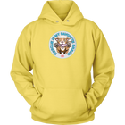 front view of a yellow hoodie featuring original Red Nose Pitbull rescue artwork by OMG You're HOME!